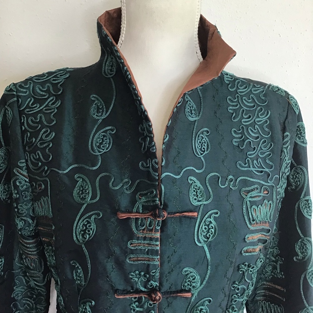 MINIYE ASIAN WOMEN ELEGANT TEAL GREEN EMBROIDERED FLORAL DESIGN SILK COAT SZ XL - Picture 5 of 10